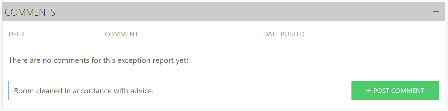 Screenshot of comment being added to Exception Report