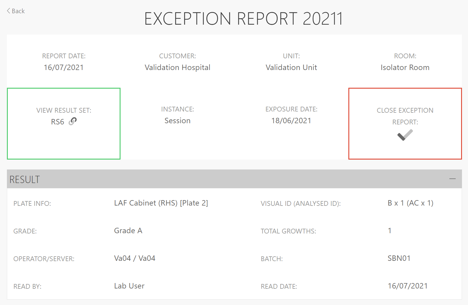 Screenshot of the details of an Open Exception Report