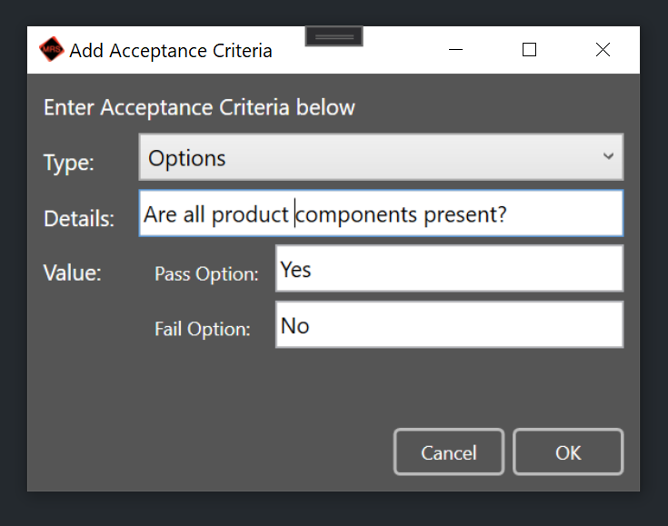 Screenshot of form used to add an Acceptance Criteria