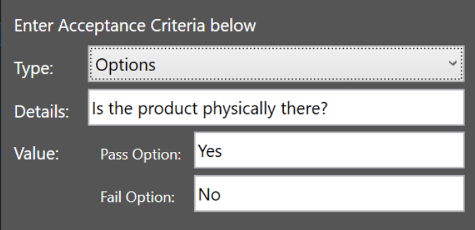 Screenshot of Value field if 'Options' type selected