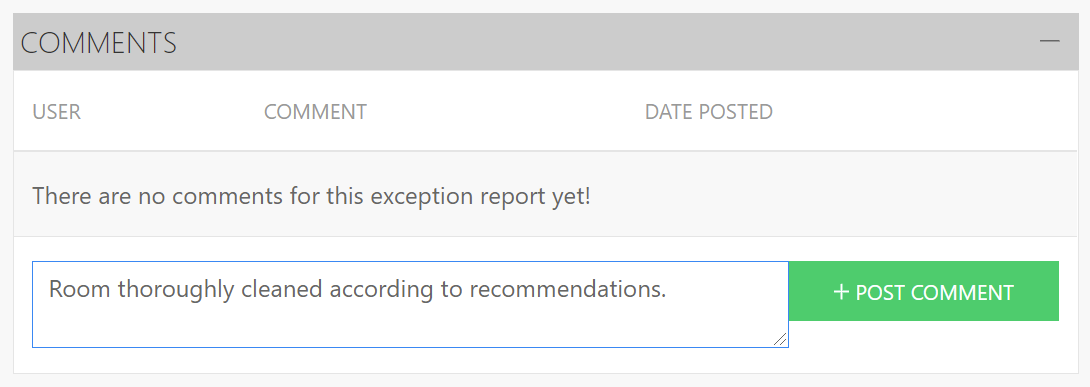 Screenshot of comments section within Exception Report