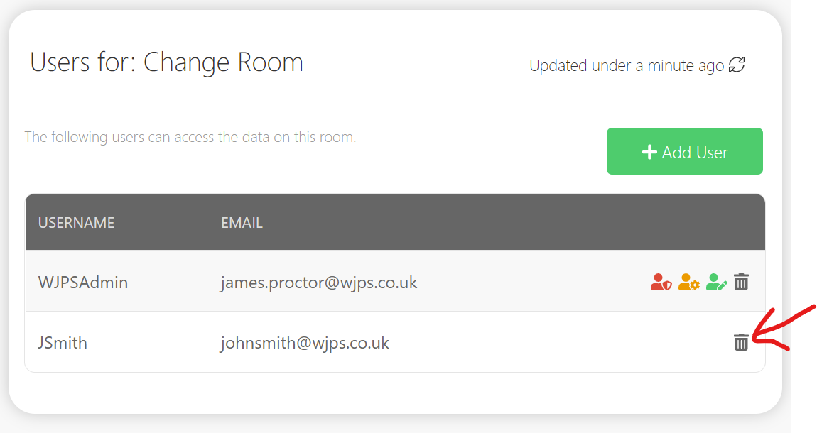 Screenshot of list of Room Users with delete icon highlighted