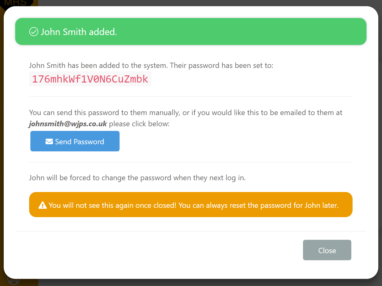 Screenshot of New User's password details, shown after they have been added