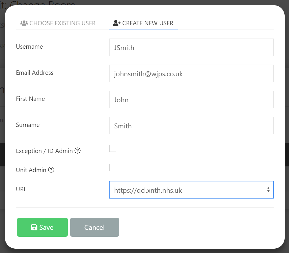 Screenshot of Create New User form with details filled out