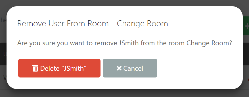 Screenshot of User Removal from Room confirmation screen